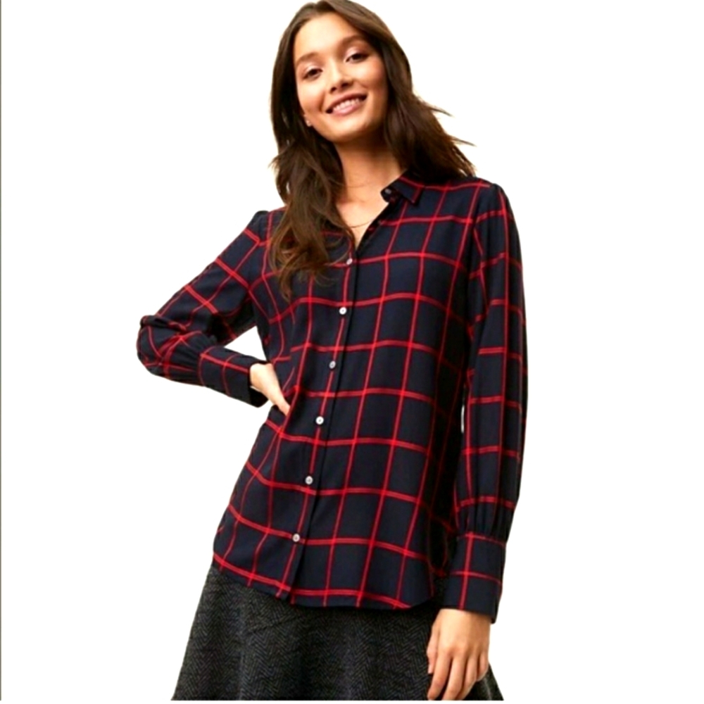 LOFT Navy Blue and Red Plaid blouse Size Med